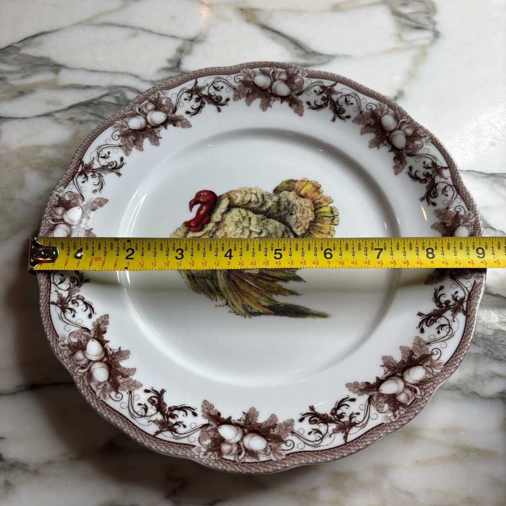 Williams Sonoma 9" Turkey Salad Plates Set of 4 White Brown Acorn Trim Porcelain - Picture 7 of 9